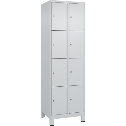 Evolo PLUS 4-fold compartment locker, 2 compartments, light grey, W 600 mm, 8 compartments, with wide feet, cylinder lock.