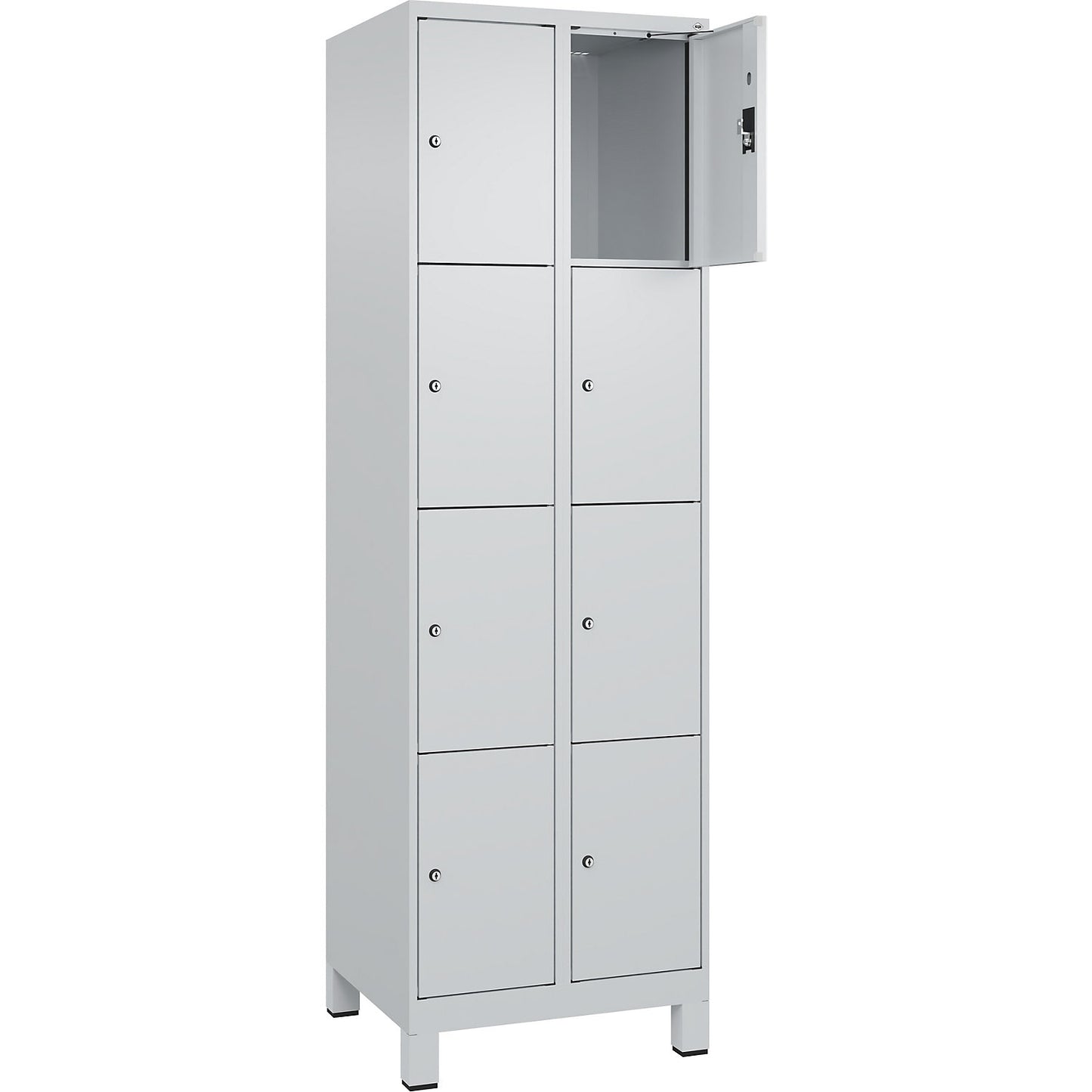 Evolo PLUS 4-fold compartment locker, 2 compartments, light grey, W 600 mm, 8 compartments, with wide feet, cylinder lock.