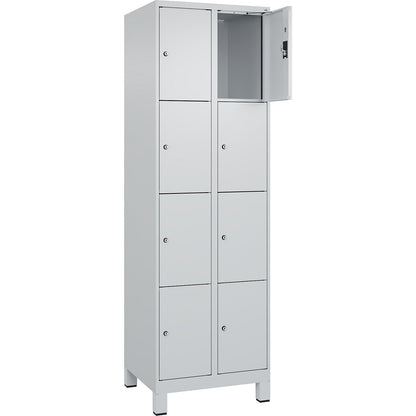 Evolo PLUS 4-fold compartment locker, 2 compartments, light grey, W 600 mm, 8 compartments, with wide feet, cylinder lock.