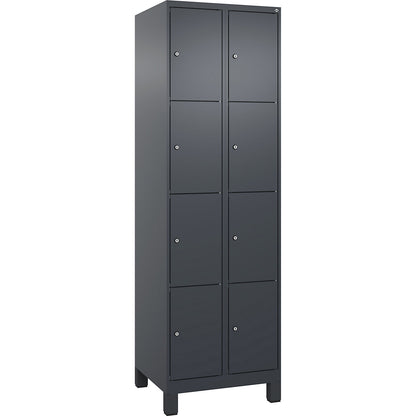 Evolo PLUS 4-fold compartment locker, 2 compartments, grey, W 600 mm, 8 compartments, with wide feet, cylinder lock.