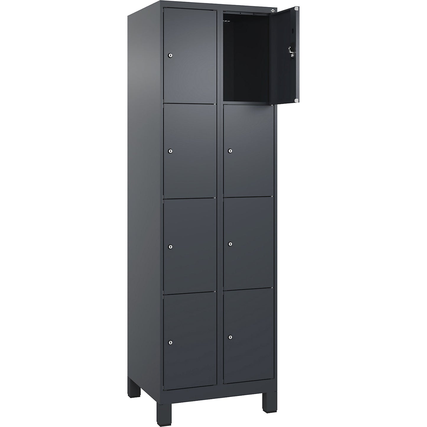 Evolo PLUS 4-fold compartment locker, 2 compartments, grey, W 600 mm, 8 compartments, with wide feet, cylinder lock.