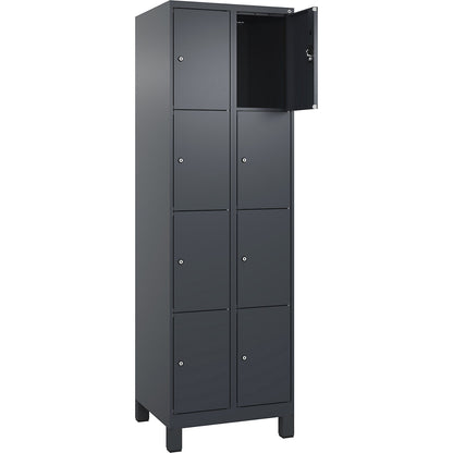 Evolo PLUS 4-fold compartment locker, 2 compartments, grey, W 600 mm, 8 compartments, with wide feet, cylinder lock.