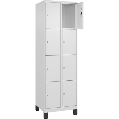 Evolo PLUS 4-fold compartment locker, 2 compartments, white, W 600 mm, 8 compartments, with wide feet, cylinder lock.