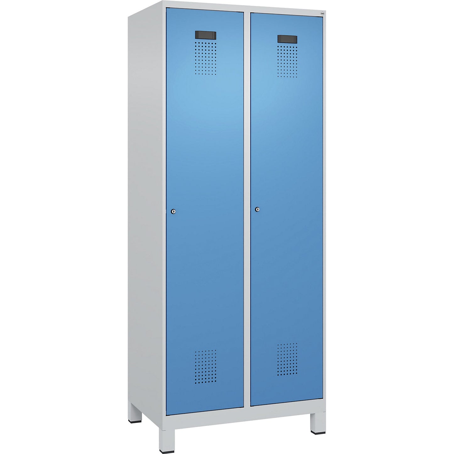Evolo PLUS clean and dirty clothes locker, narrow, 2 compartments, shortened centre divider, light grey / light blue, W 800 mm, with wide feet, cylinder lock.