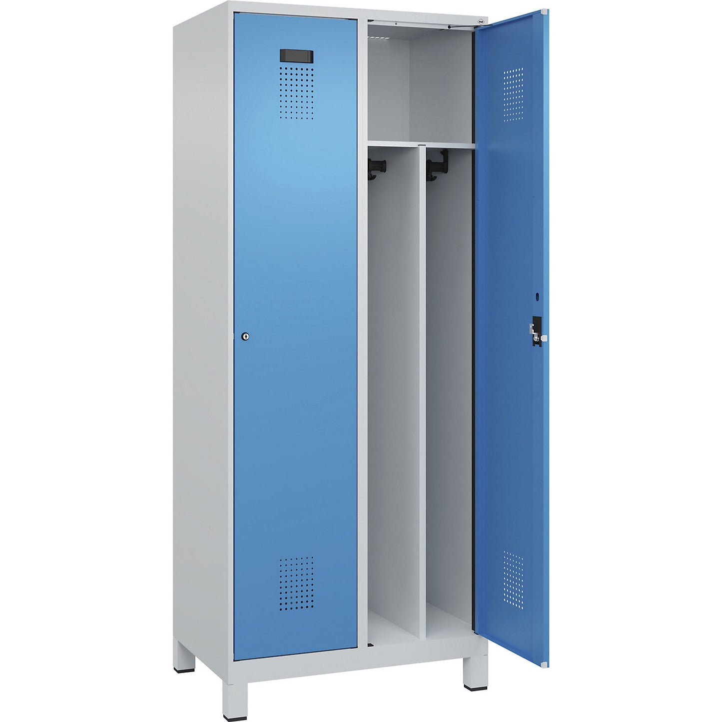 Evolo PLUS clean and dirty clothes locker, narrow, 2 compartments, shortened centre divider, light grey / light blue, W 800 mm, with wide feet, cylinder lock.