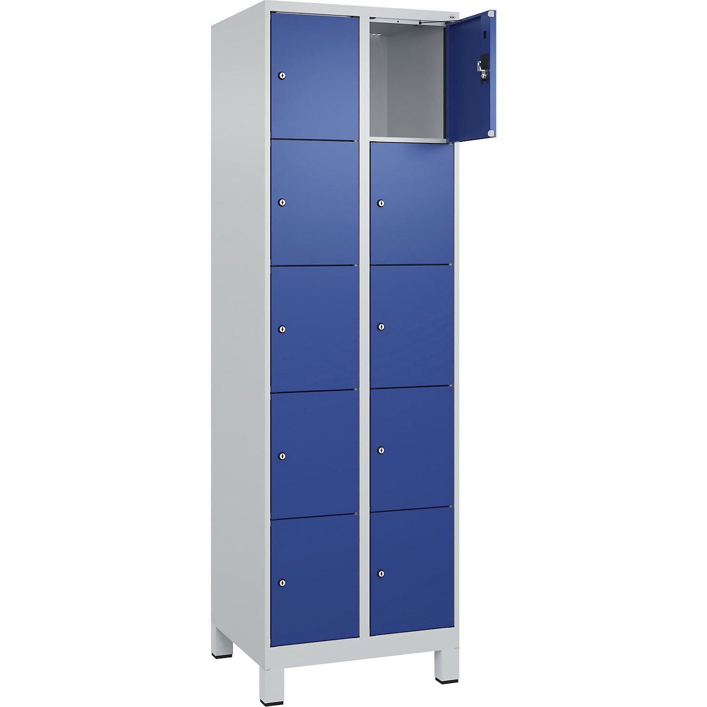 Evolo PLUS 5-fold compartment locker, 2 compartments, light grey / gentian blue, W 600 mm, 10 compartments, with wide feet, cylinder lock.