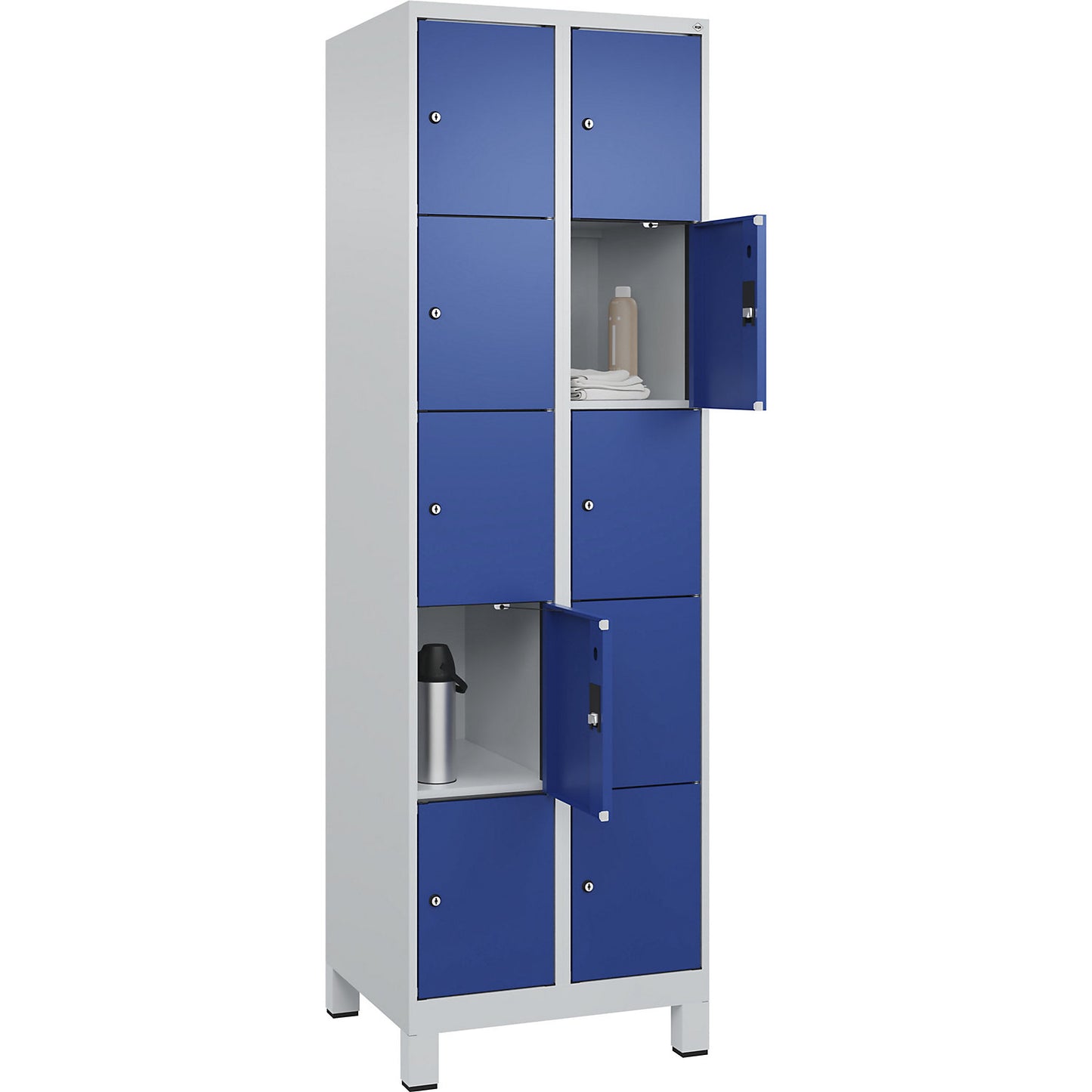 Evolo PLUS 5-fold compartment locker, 2 compartments, light grey / gentian blue, W 600 mm, 10 compartments, with wide feet, cylinder lock.
