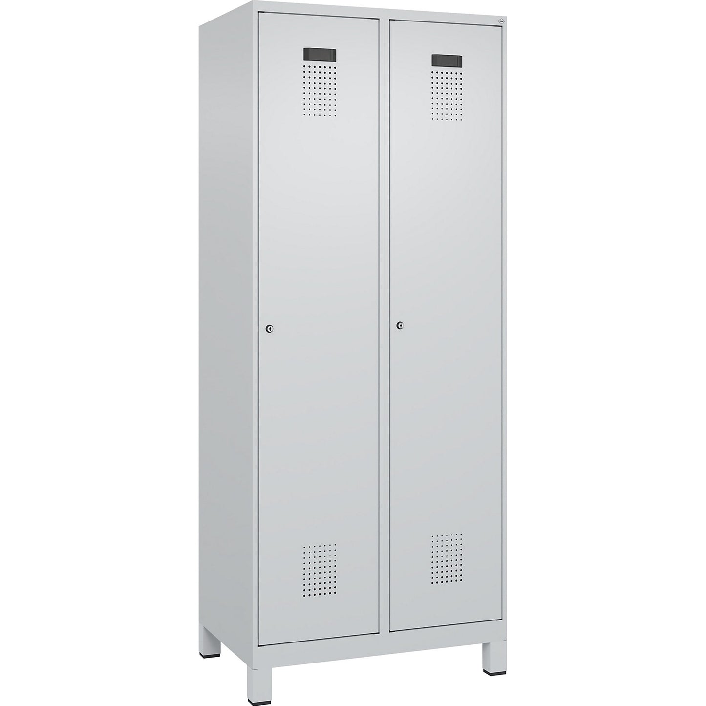 Evolo PLUS clean and dirty clothes locker, narrow, 2 compartments, shortened centre divider, light grey, W 800 mm, with wide feet, cylinder lock.