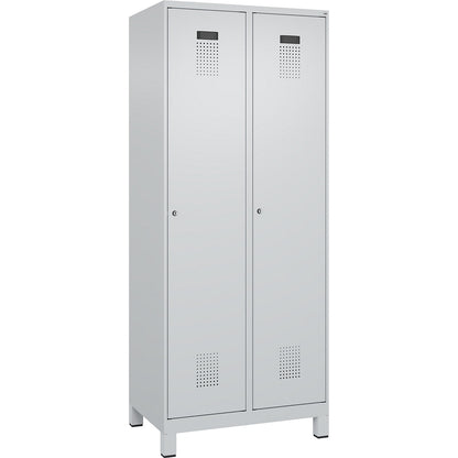 Evolo PLUS clean and dirty clothes locker, narrow, 2 compartments, shortened centre divider, light grey, W 800 mm, with wide feet, cylinder lock.