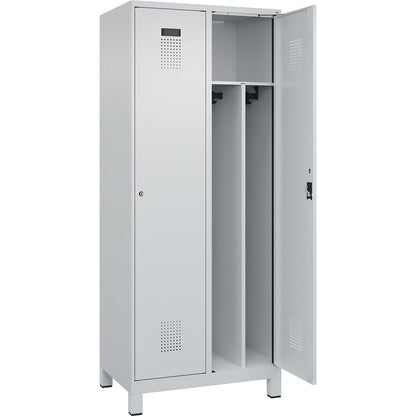 Evolo PLUS clean and dirty clothes locker, narrow, 2 compartments, shortened centre divider, light grey, W 800 mm, with wide feet, cylinder lock.