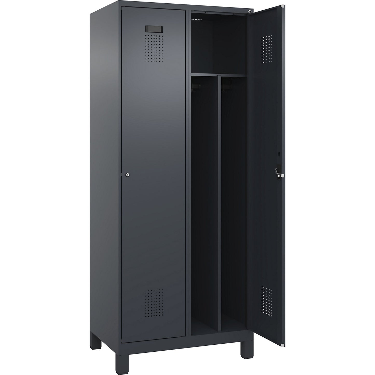 Evolo PLUS clean and dirty clothes locker, narrow, 2 compartments, shortened centre divider, grey, W 800 mm, with wide feet, cylinder lock.