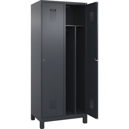 Evolo PLUS clean and dirty clothes locker, narrow, 2 compartments, shortened centre divider, grey, W 800 mm, with wide feet, cylinder lock.