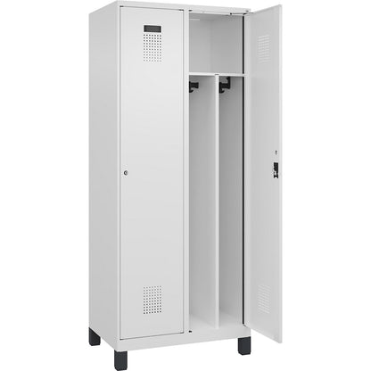 Evolo PLUS clean and dirty clothes locker, narrow, 2 compartments, shortened centre divider, white, W 800 mm, with wide feet, cylinder lock.