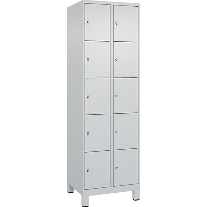 Evolo PLUS 5-fold compartment locker, 2 compartments, light grey, W 600 mm, 10 compartments, with wide feet, cylinder lock.
