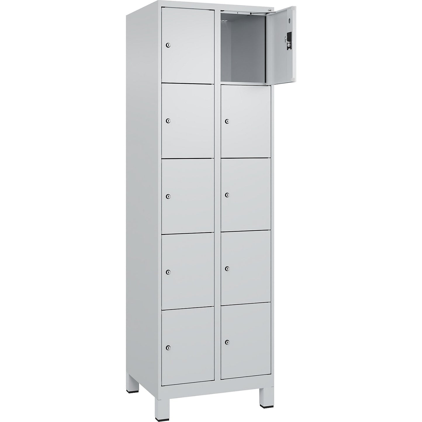 Evolo PLUS 5-fold compartment locker, 2 compartments, light grey, W 600 mm, 10 compartments, with wide feet, cylinder lock.