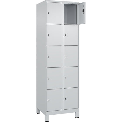 Evolo PLUS 5-fold compartment locker, 2 compartments, light grey, W 600 mm, 10 compartments, with wide feet, cylinder lock.