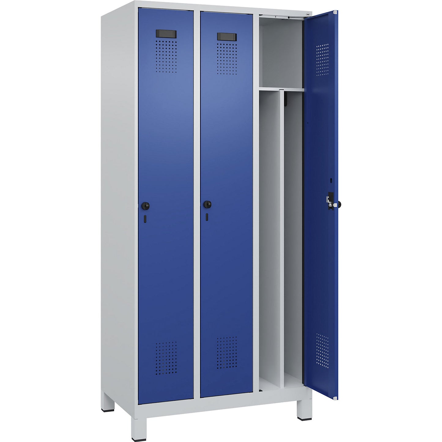 Evolo PLUS clean and dirty clothes locker, narrow, 3 compartments, shortened centre divider, light grey / gentian blue, W 900 mm, with wide feet, security rotary bolt.