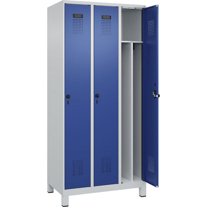 Evolo PLUS clean and dirty clothes locker, narrow, 3 compartments, shortened centre divider, light grey / gentian blue, W 900 mm, with wide feet, security rotary bolt.