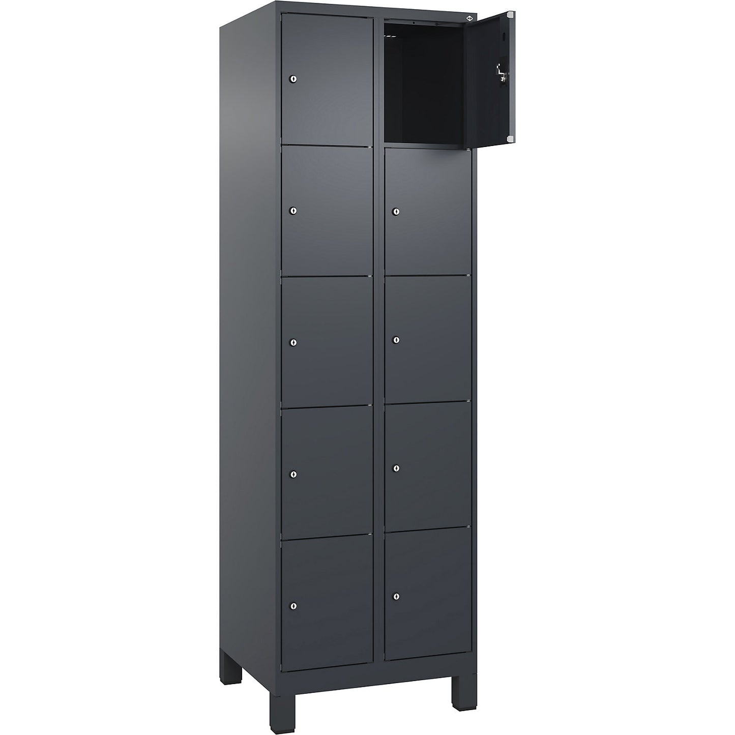 Evolo PLUS 5-fold compartment locker, 2 compartments, grey, W 600 mm, 10 compartments, with wide feet, cylinder lock.