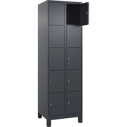 Evolo PLUS 5-fold compartment locker, 2 compartments, grey, W 600 mm, 10 compartments, with wide feet, cylinder lock.