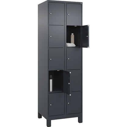 Evolo PLUS 5-fold compartment locker, 2 compartments, grey, W 600 mm, 10 compartments, with wide feet, cylinder lock.