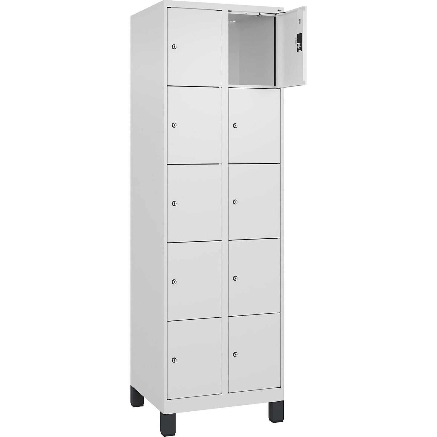 Evolo PLUS 5-fold compartment locker, 2 compartments, white, W 600 mm, 10 compartments, with wide feet, cylinder lock.