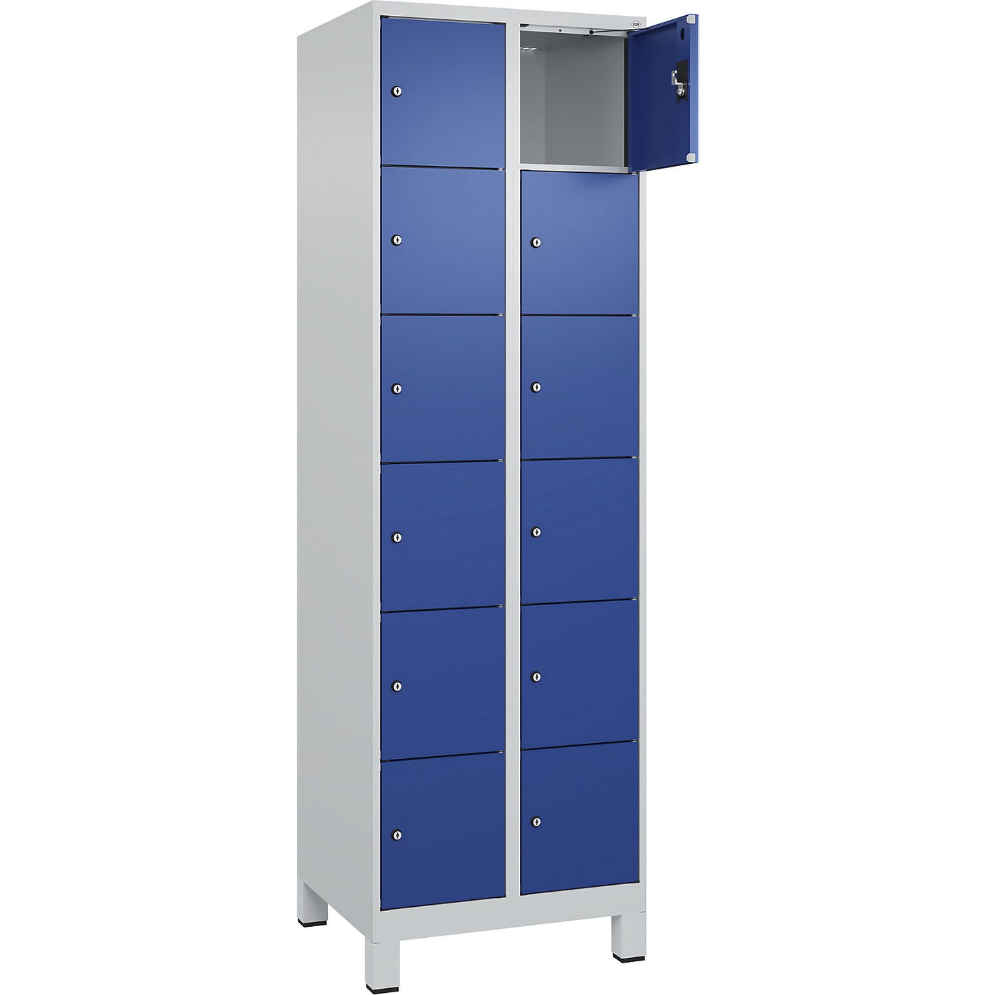 Evolo PLUS 6-fold compartment locker, 2 compartments, light grey / gentian blue, W 600 mm, 12 compartments, with wide feet, cylinder lock.