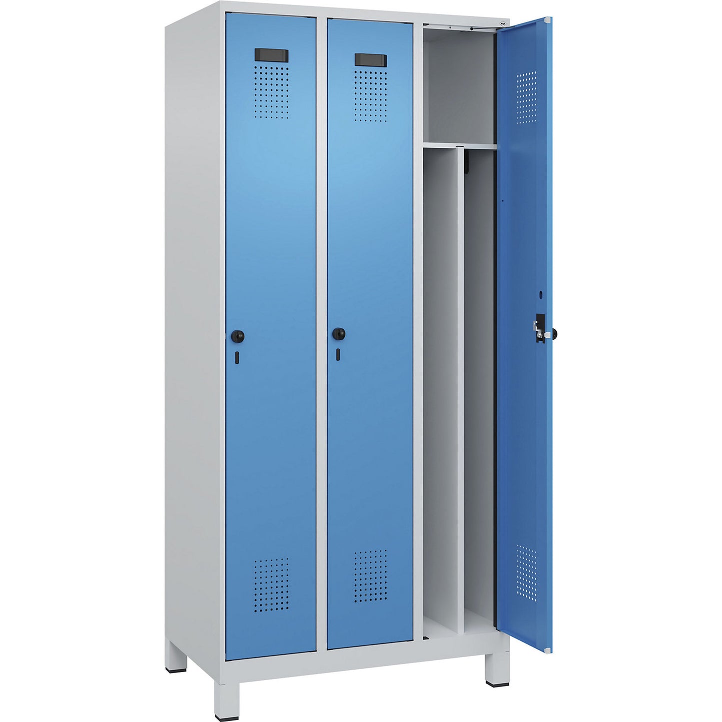 Evolo PLUS clean and dirty clothes locker, narrow, 3 compartments, shortened centre divider, light grey / light blue, W 900 mm, with wide feet, security rotary bolt.
