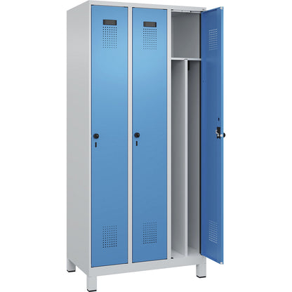 Evolo PLUS clean and dirty clothes locker, narrow, 3 compartments, shortened centre divider, light grey / light blue, W 900 mm, with wide feet, security rotary bolt.