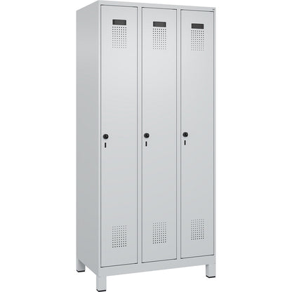 Evolo PLUS clean and dirty clothes locker, narrow, 3 compartments, shortened centre divider, light grey, W 900 mm, with wide feet, security rotary bolt.