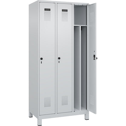 Evolo PLUS clean and dirty clothes locker, narrow, 3 compartments, shortened centre divider, light grey, W 900 mm, with wide feet, security rotary bolt.