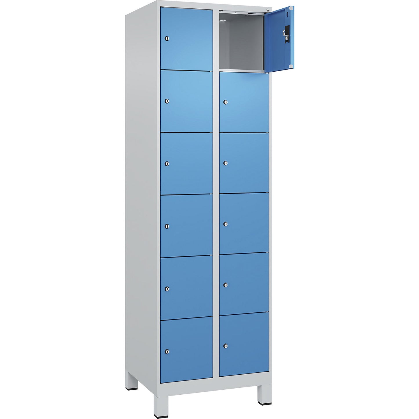 Evolo PLUS 6-fold compartment locker, 2 compartments, light grey / light blue, W 600 mm, 12 compartments, with wide feet, cylinder lock.