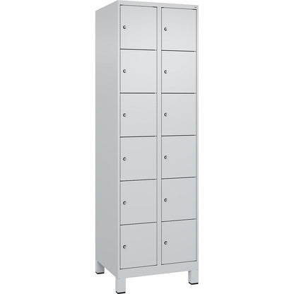 Evolo PLUS 6-fold compartment locker, 2 compartments, light grey, W 600 mm, 12 compartments, with wide feet, cylinder lock.