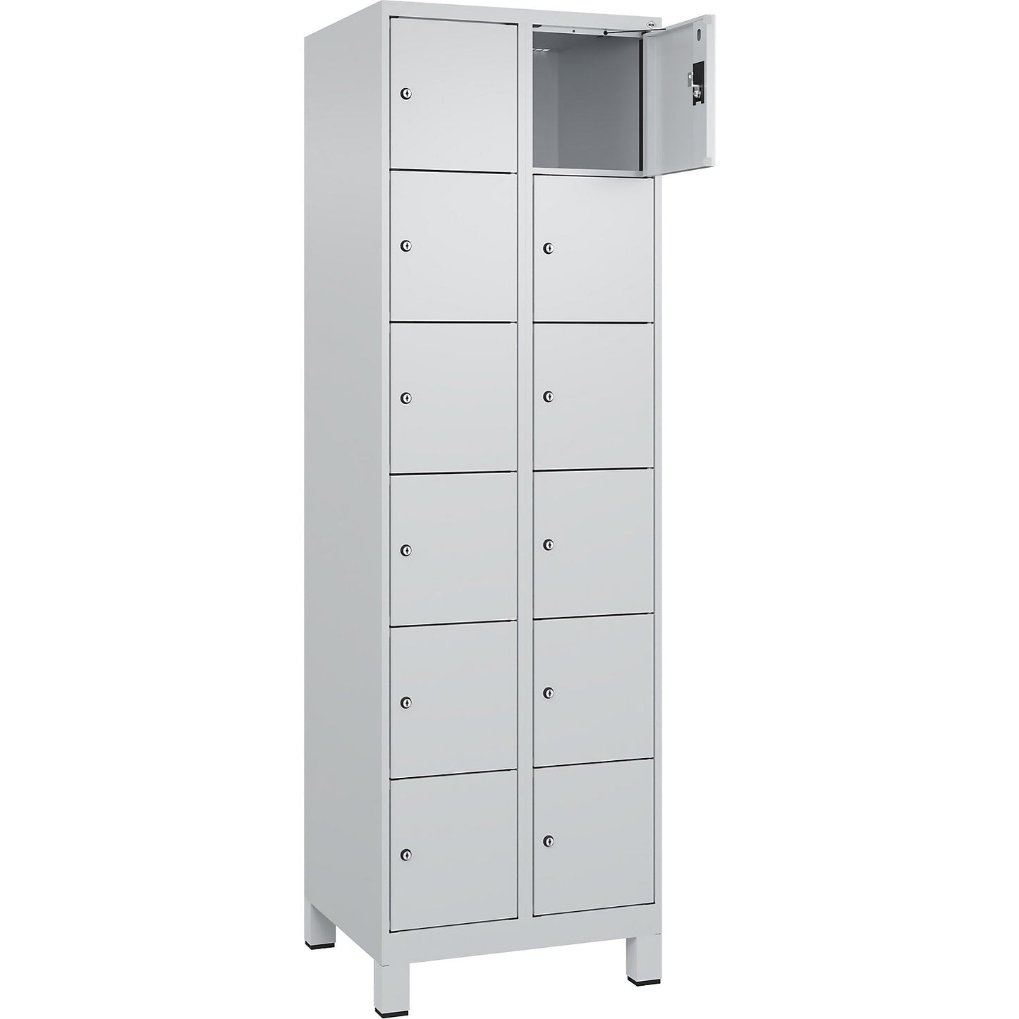 Evolo PLUS 6-fold compartment locker, 2 compartments, light grey, W 600 mm, 12 compartments, with wide feet, cylinder lock.