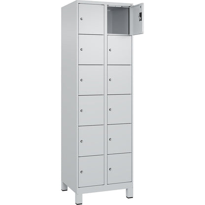 Evolo PLUS 6-fold compartment locker, 2 compartments, light grey, W 600 mm, 12 compartments, with wide feet, cylinder lock.