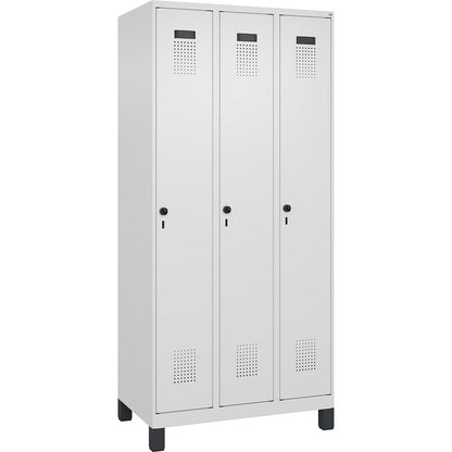 Evolo PLUS clean and dirty clothes locker, narrow, 3 compartments, shortened centre divider, white, W 900 mm, with wide feet, security rotary bolt.