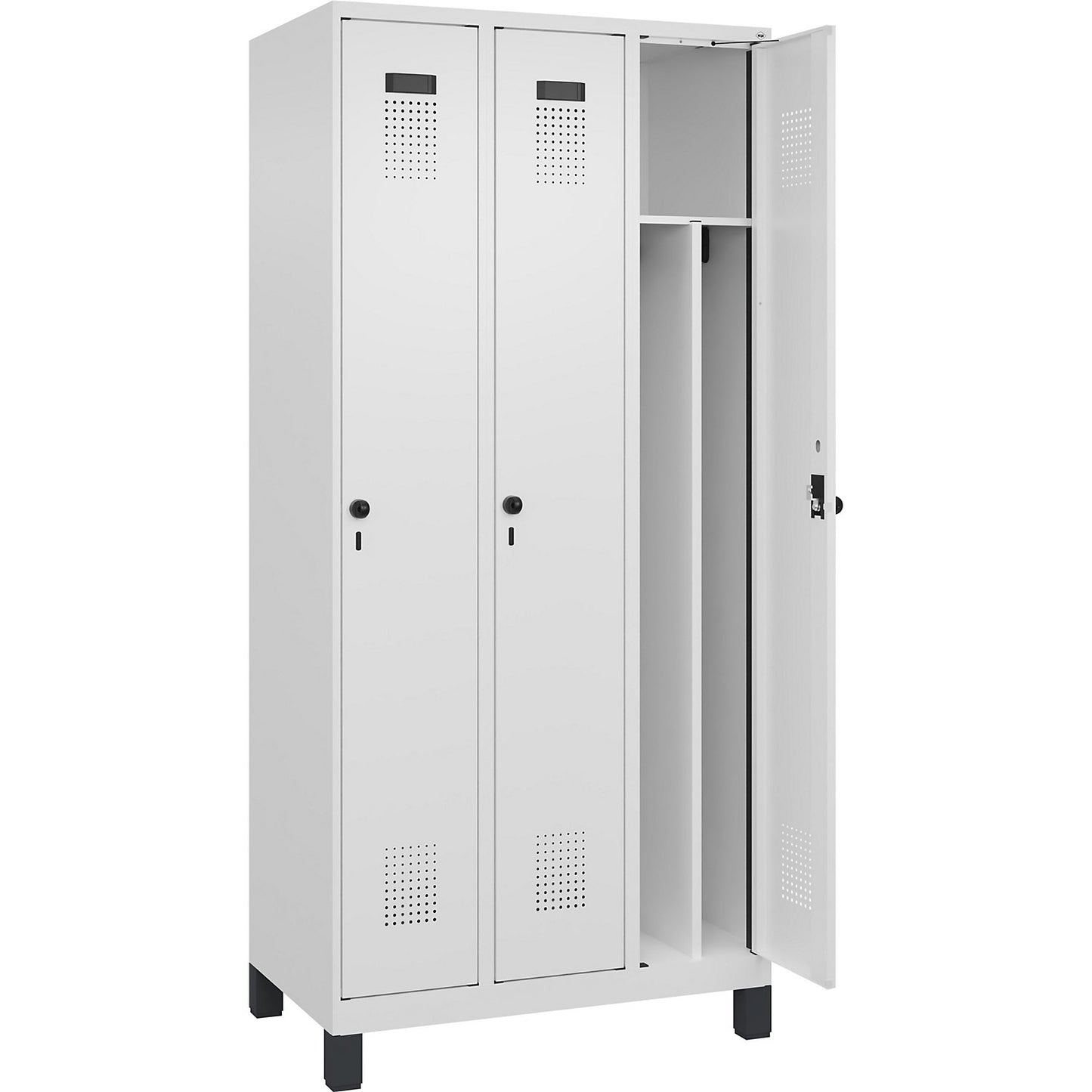 Evolo PLUS clean and dirty clothes locker, narrow, 3 compartments, shortened centre divider, white, W 900 mm, with wide feet, security rotary bolt.