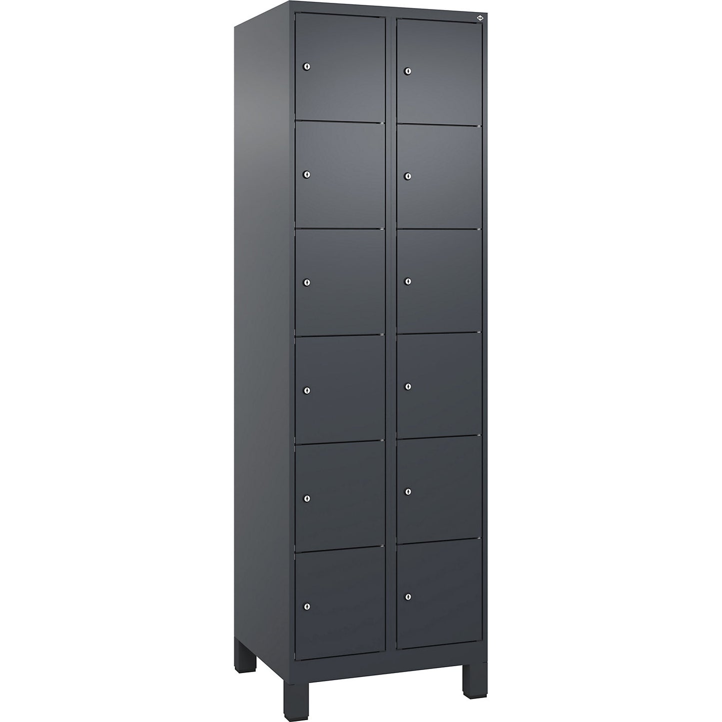 Evolo PLUS 6-fold compartment locker, 2 compartments, grey, W 600 mm, 12 compartments, with wide feet, cylinder lock.