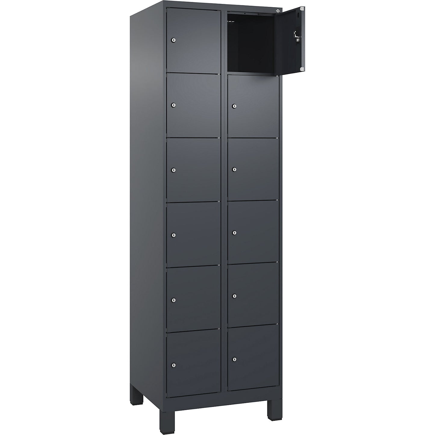 Evolo PLUS 6-fold compartment locker, 2 compartments, grey, W 600 mm, 12 compartments, with wide feet, cylinder lock.