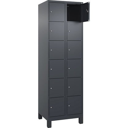 Evolo PLUS 6-fold compartment locker, 2 compartments, grey, W 600 mm, 12 compartments, with wide feet, cylinder lock.