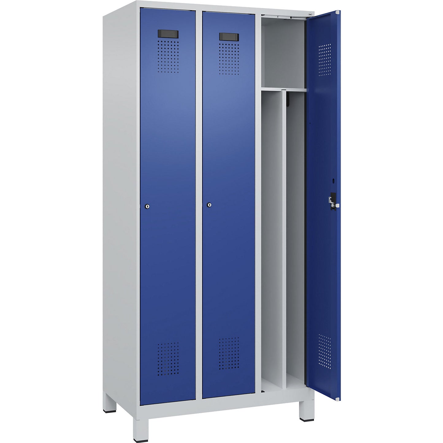 Evolo PLUS clean and dirty clothes locker, narrow, 3 compartments, shortened centre divider, light grey / gentian blue, W 900 mm, with wide feet, cylinder lock.