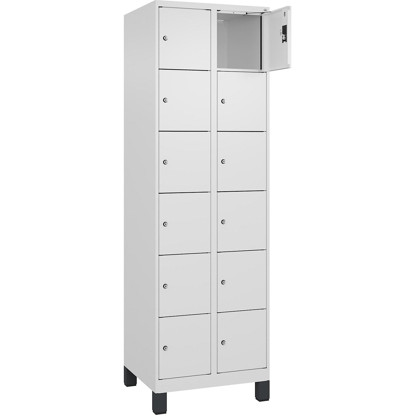 Evolo PLUS 6-fold compartment locker, 2 compartments, white, W 600 mm, 12 compartments, with wide feet, cylinder lock.