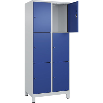 Evolo PLUS 3-fold compartment locker, 2 compartments, light grey / gentian blue, W 800 mm, 6 compartments, with wide feet, cylinder lock.