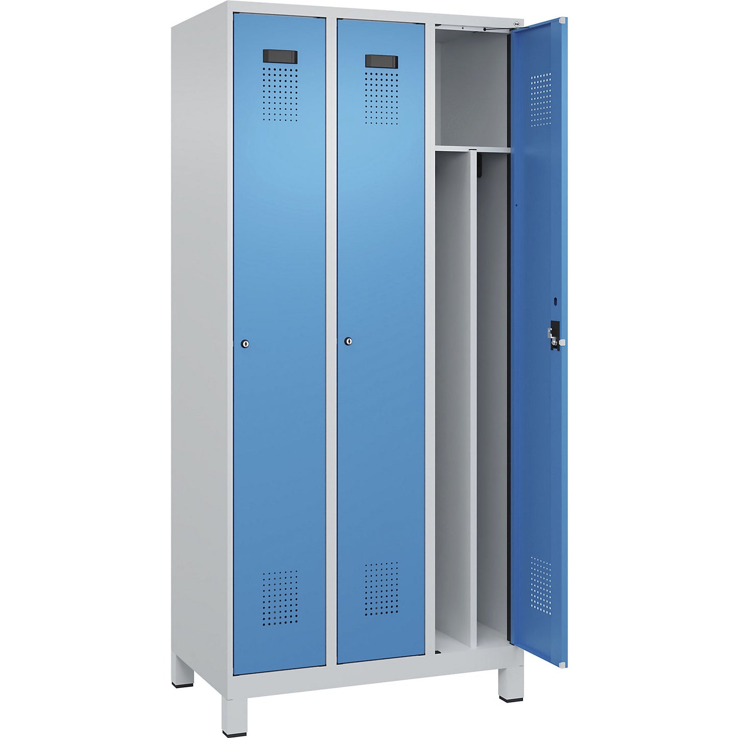Evolo PLUS clean and dirty clothes locker, narrow, 3 compartments, shortened centre divider, light grey / light blue, W 900 mm, with wide feet, cylinder lock.