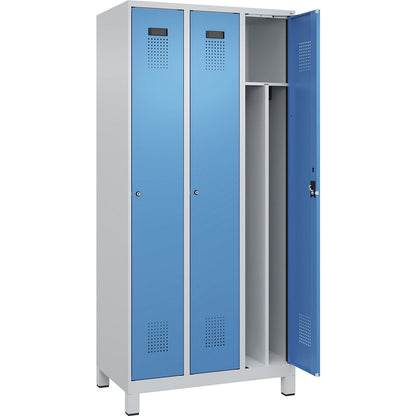 Evolo PLUS clean and dirty clothes locker, narrow, 3 compartments, shortened centre divider, light grey / light blue, W 900 mm, with wide feet, cylinder lock.