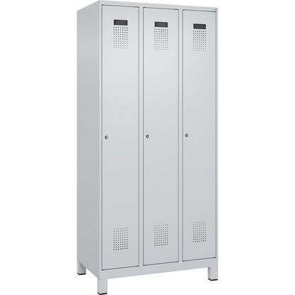Evolo PLUS clean and dirty clothes locker, narrow, 3 compartments, shortened centre divider, light grey, W 900 mm, with wide feet, cylinder lock.