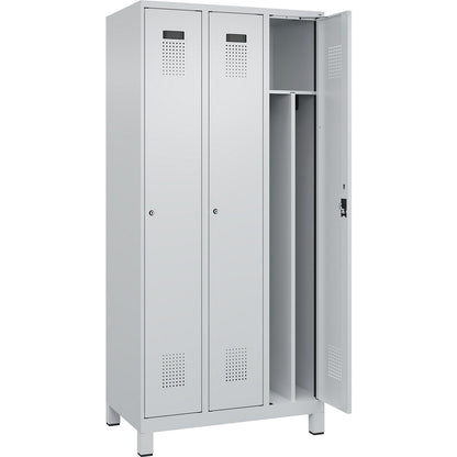 Evolo PLUS clean and dirty clothes locker, narrow, 3 compartments, shortened centre divider, light grey, W 900 mm, with wide feet, cylinder lock.