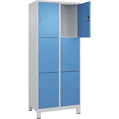 Evolo PLUS 3-fold compartment locker, 2 compartments, light grey / light blue, W 800 mm, 6 compartments, with wide feet, cylinder lock.