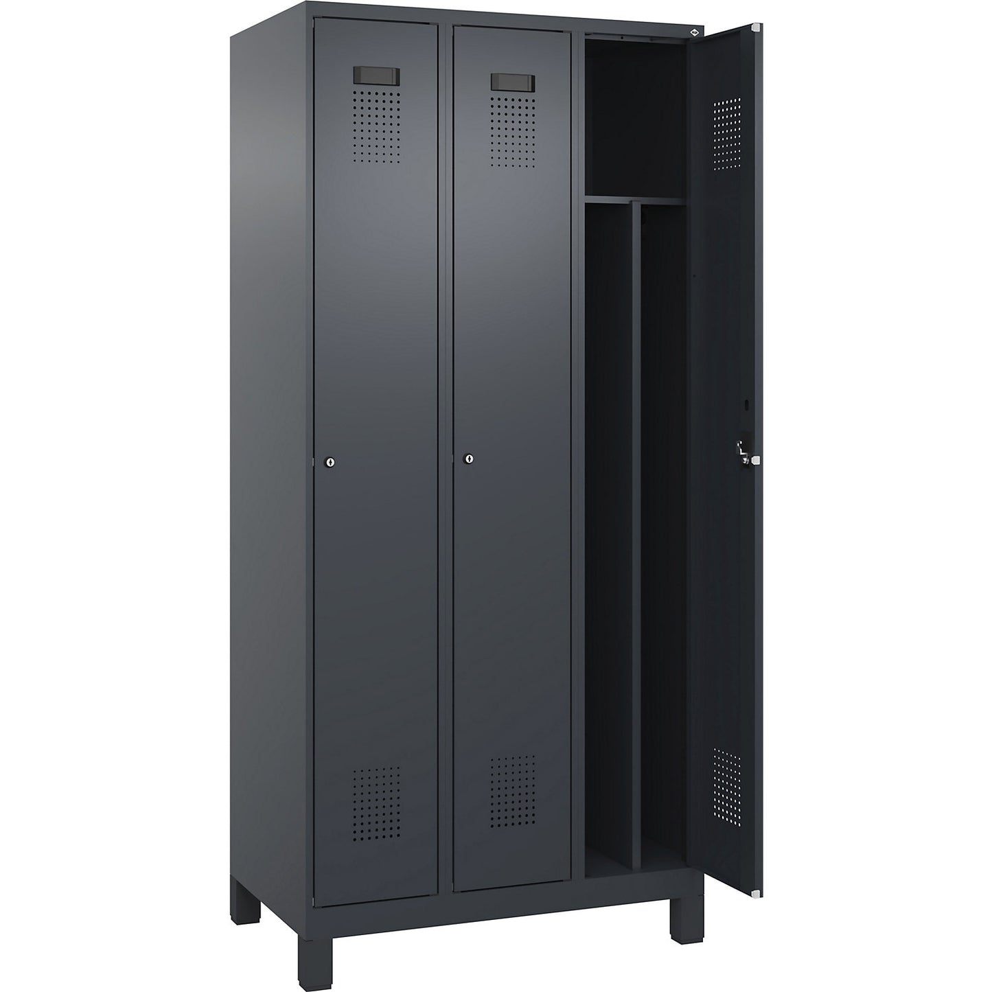 Evolo PLUS clean and dirty clothes locker, narrow, 3 compartments, shortened centre divider, grey, W 900 mm, with wide feet, cylinder lock.