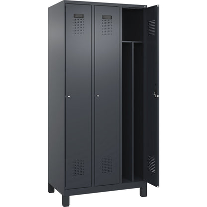 Evolo PLUS clean and dirty clothes locker, narrow, 3 compartments, shortened centre divider, grey, W 900 mm, with wide feet, cylinder lock.